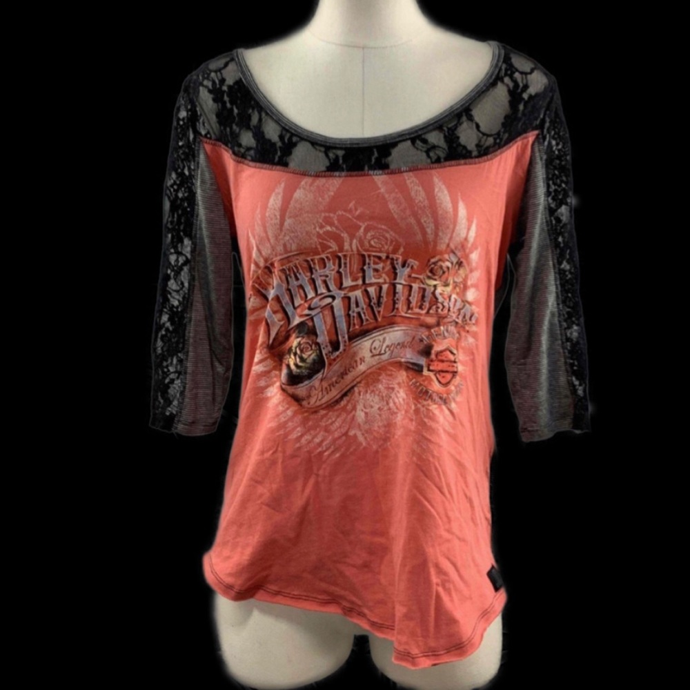 Harley Davidson Limited Edition Long Sleeve Lace Trim Graphic Top - Picture 2 of 15